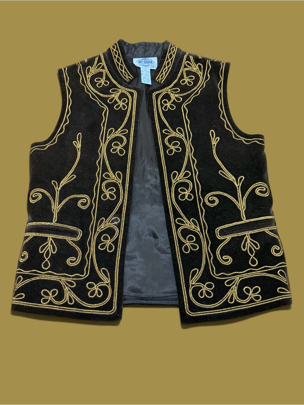 Vintage 90s Cambridge Dry Goods Co Black Velvet Embroidered Gold Vest Size S